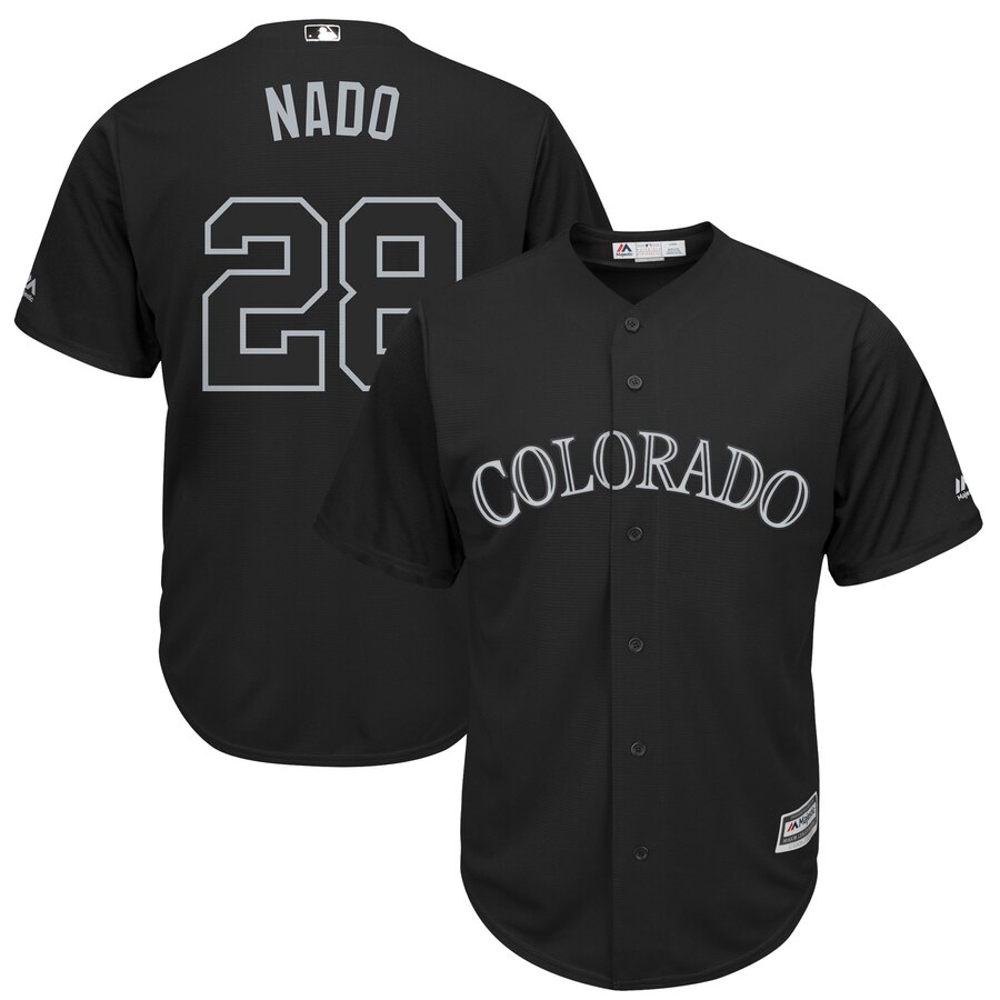 Men's Colorado Rockies #28 Nolan Arenado "Nado" Majestic Black 2019 Players' Weekend Replica Player Stitched MLB Jersey
